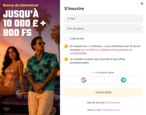 GTSpins Casino formulaire d’inscription avec bonus de bienvenue jusqu’à 10 000 € et 800 FS