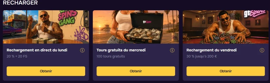 GTSpins Casino section rechargement avec bonus du lundi, tours gratuits du mercredi et recharge du vendredi