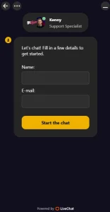 GTSpins Casino fenêtre de live chat avec formulaire de contact et agent support